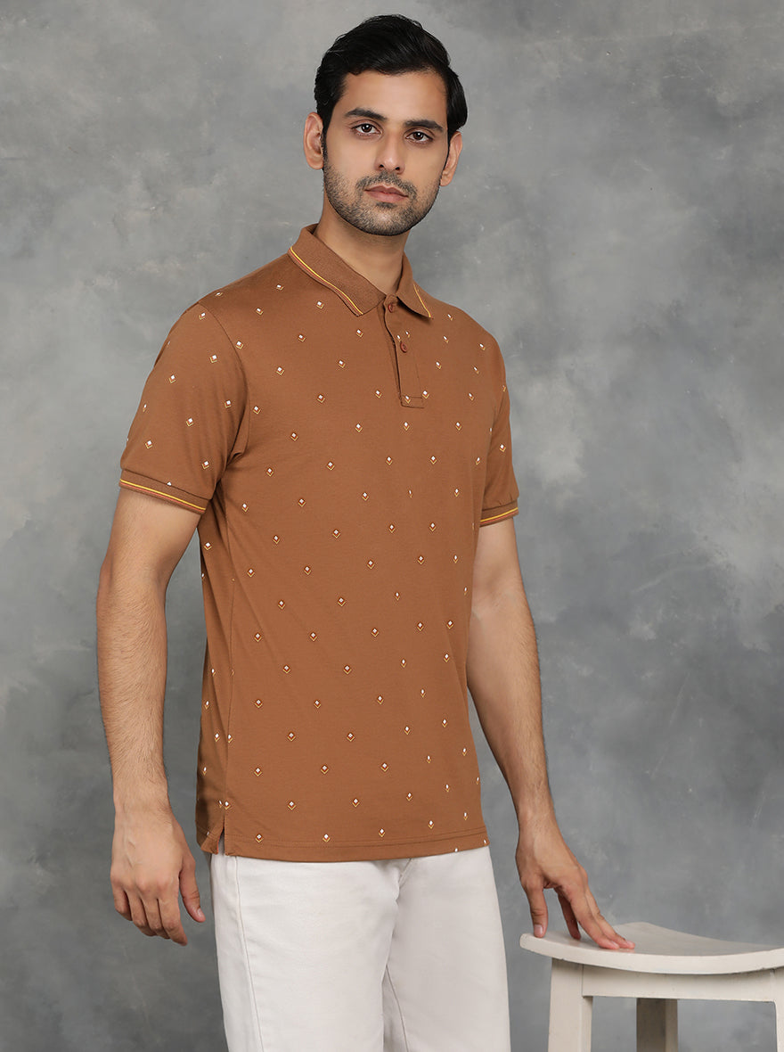 Brown Printed Slim Fit Polo T-Shirt | GreenFibre