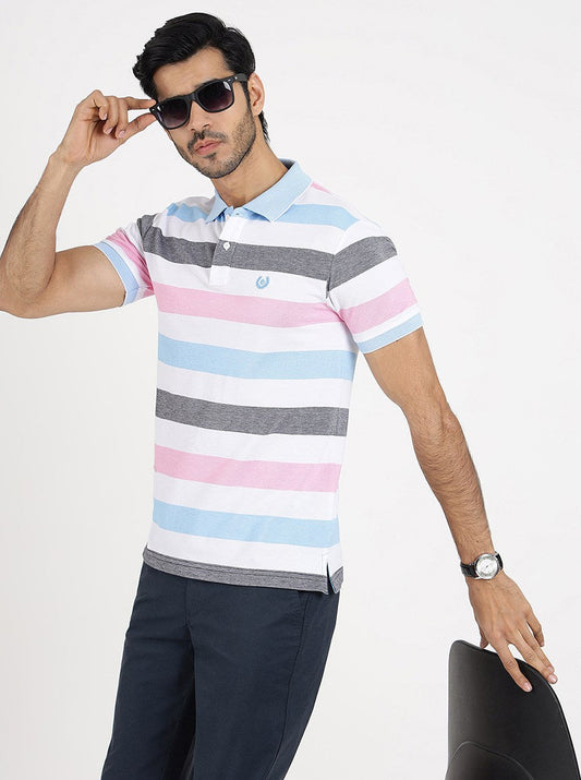 Multicolor Striped Slim Fit Polo T-Shirt | Greenfibre