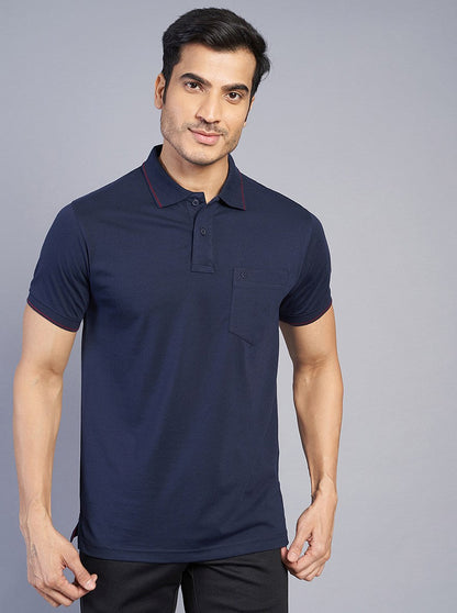 Navy Blue Solid Slim Fit Polo T-Shirt | Greenfibre