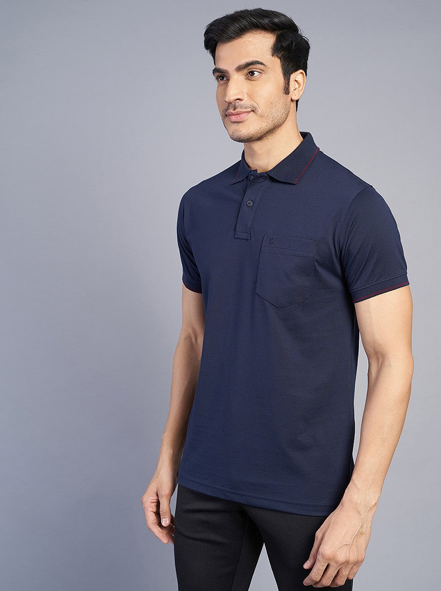Navy Blue Solid Slim Fit Polo T-Shirt | Greenfibre