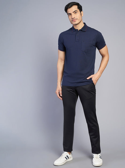 Navy Blue Solid Slim Fit Polo T-Shirt | Greenfibre