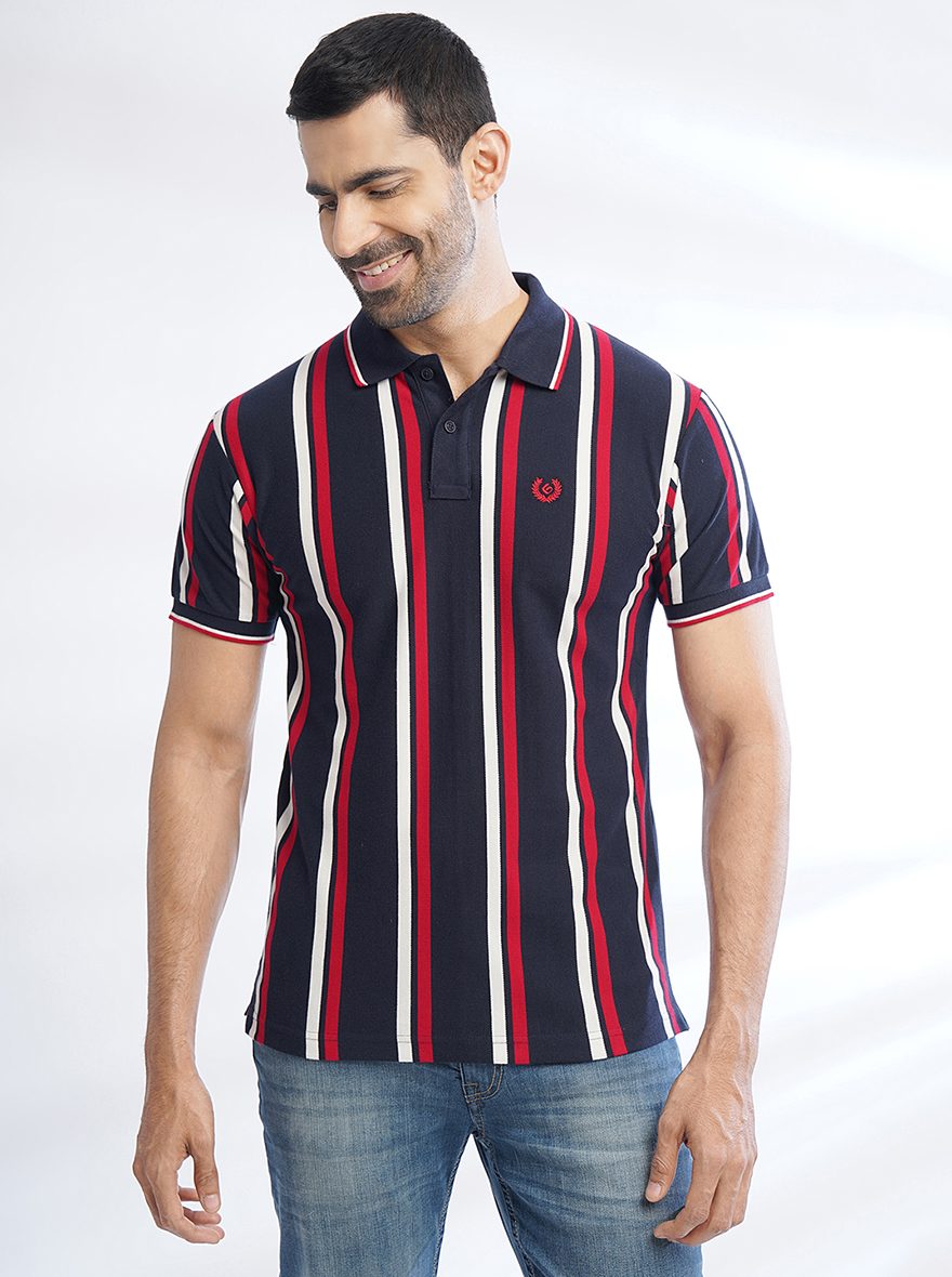Navy Blue Striped Slim Fit Polo T-Shirt | Greenfibre