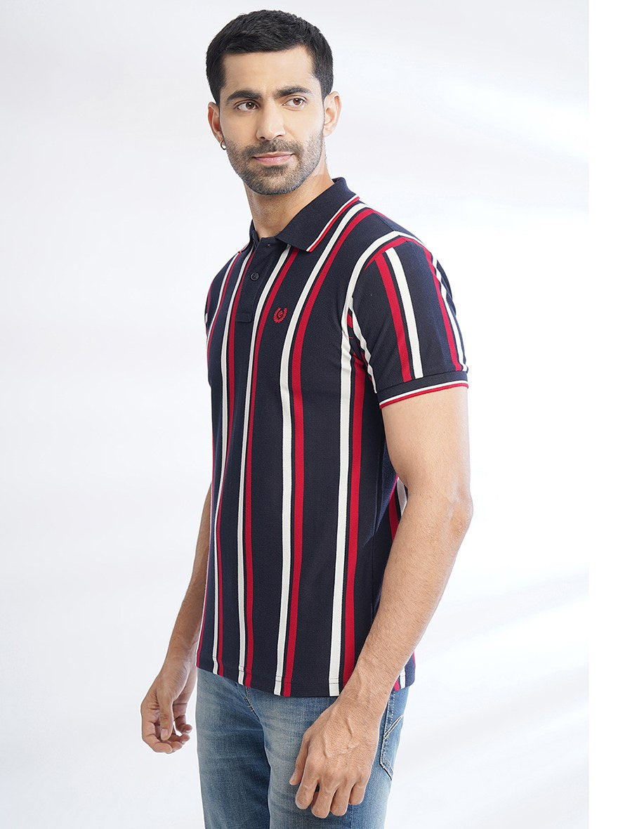 Navy Blue Striped Slim Fit Polo T-Shirt | Greenfibre