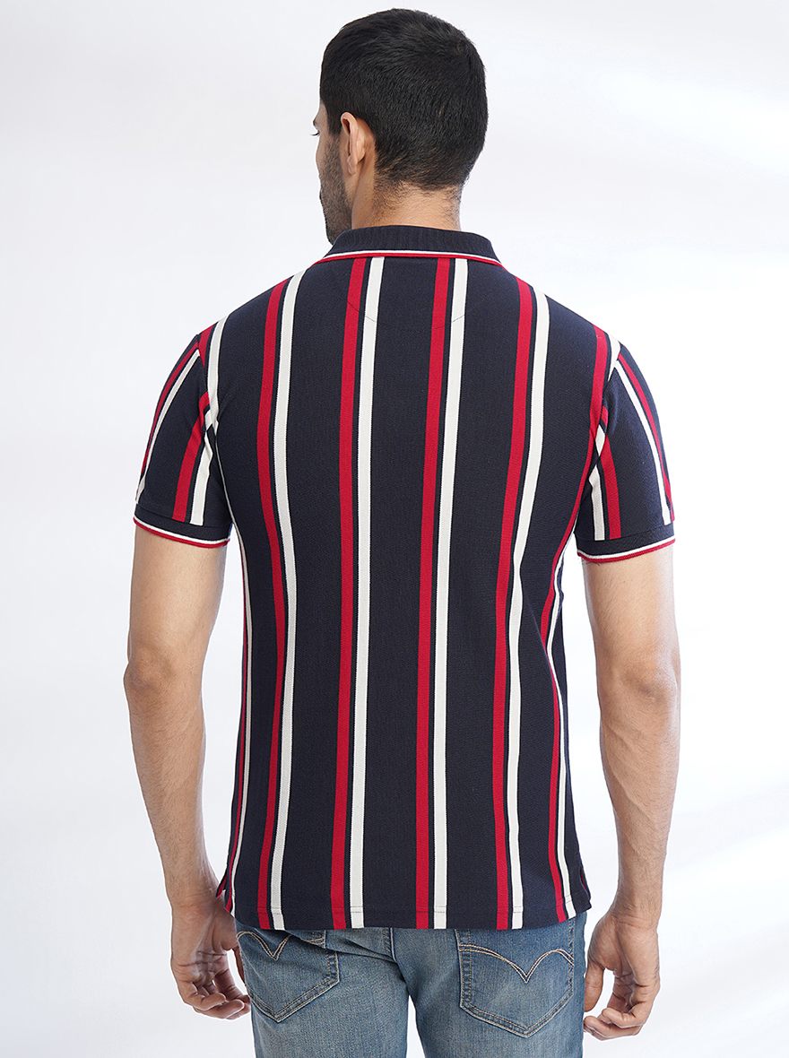 Navy Blue Striped Slim Fit Polo T-Shirt | Greenfibre