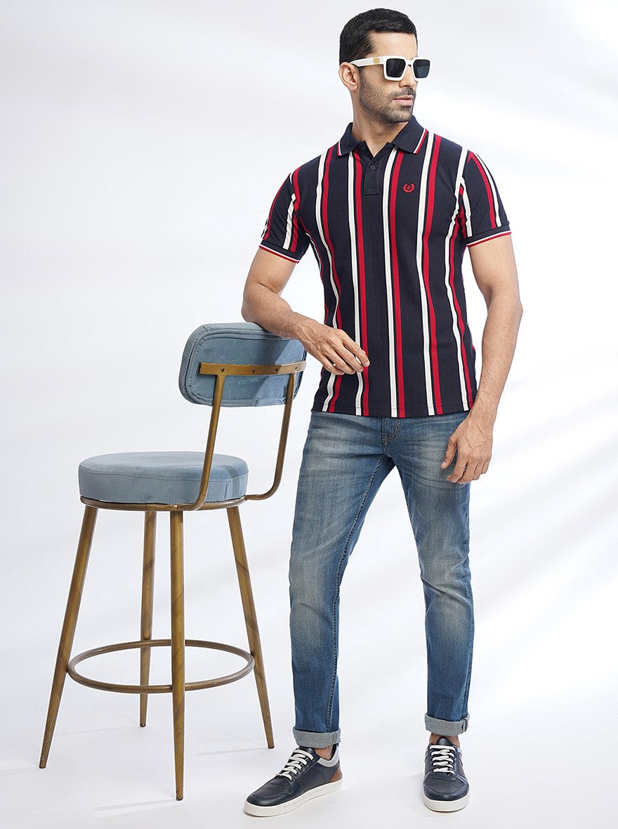 Navy Blue Striped Slim Fit Polo T-Shirt | Greenfibre