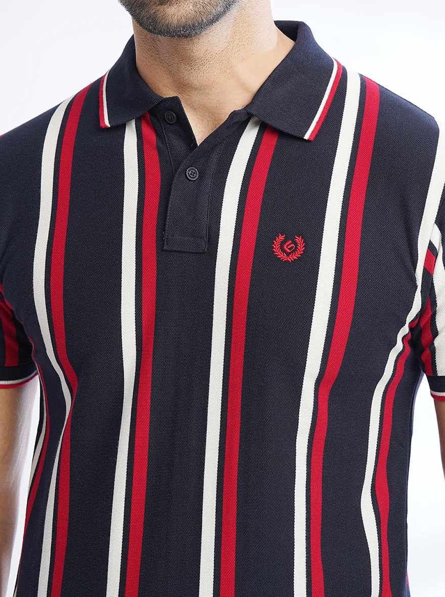 Navy Blue Striped Slim Fit Polo T-Shirt | Greenfibre