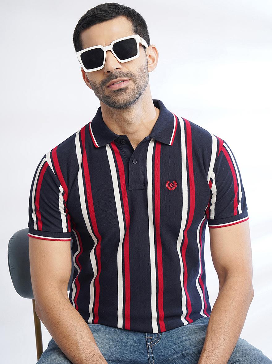Navy Blue Striped Slim Fit Polo T-Shirt | Greenfibre