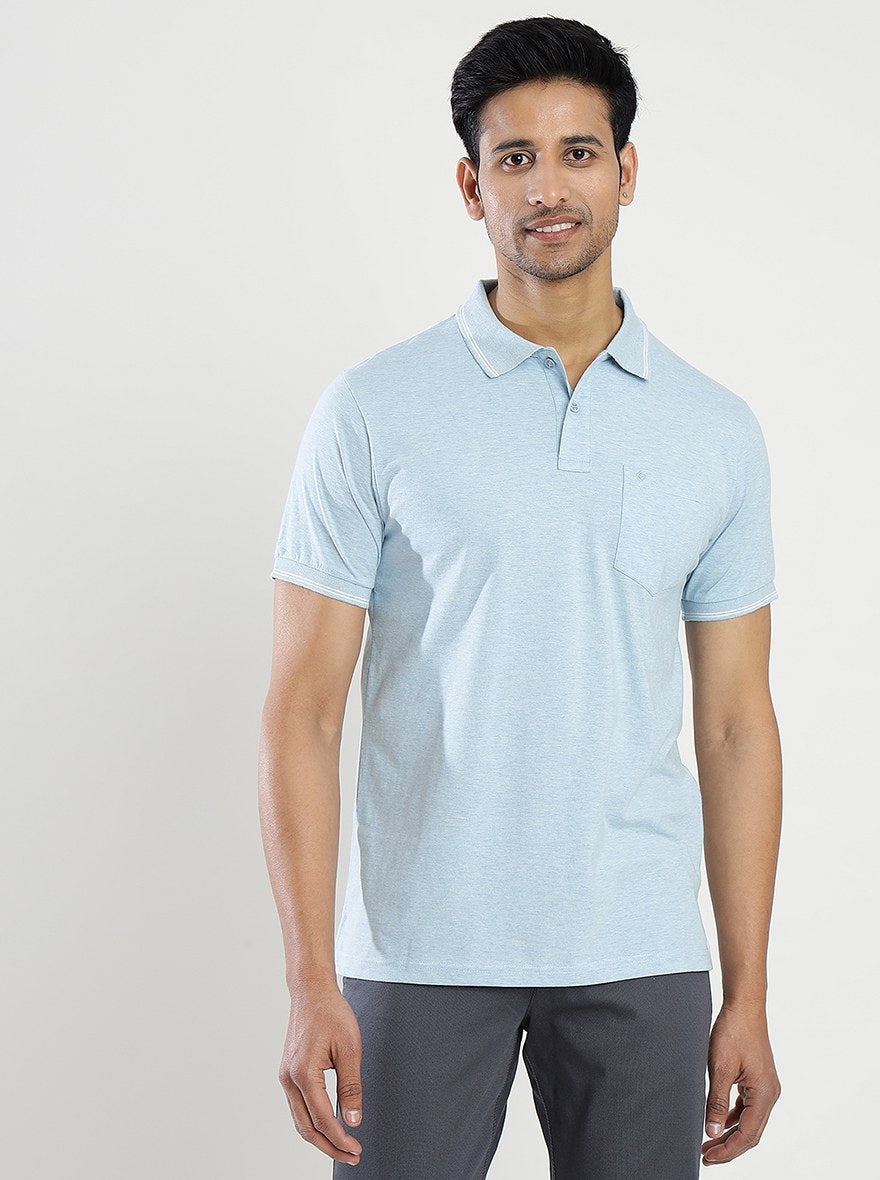 Light Blue Solid Slim Fit Polo T-Shirt | Greenfibre