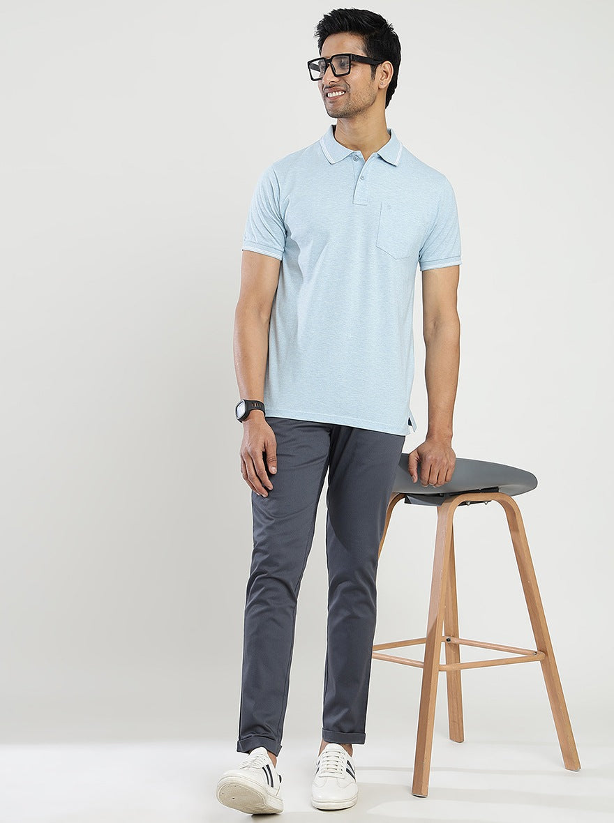 Light Blue Solid Slim Fit Polo T-Shirt | Greenfibre