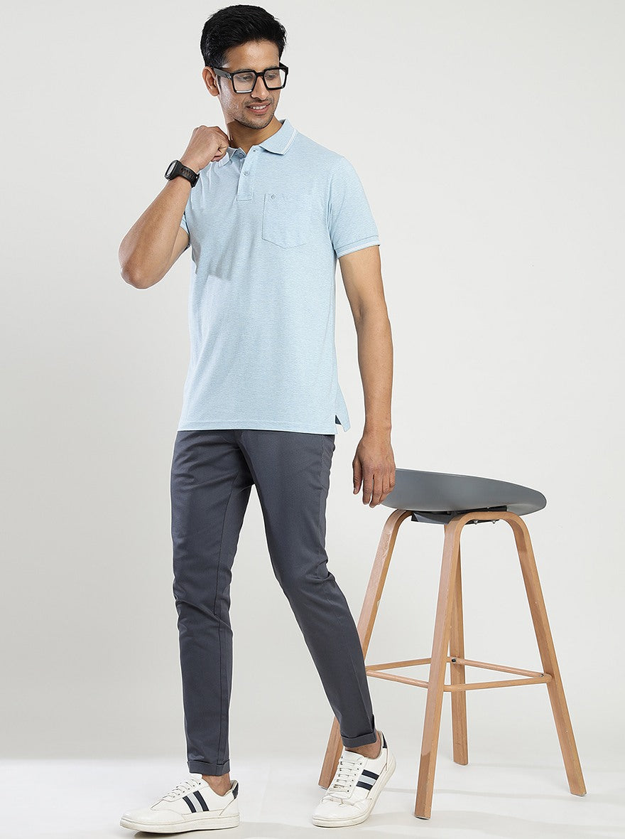 Light Blue Solid Slim Fit Polo T-Shirt | Greenfibre