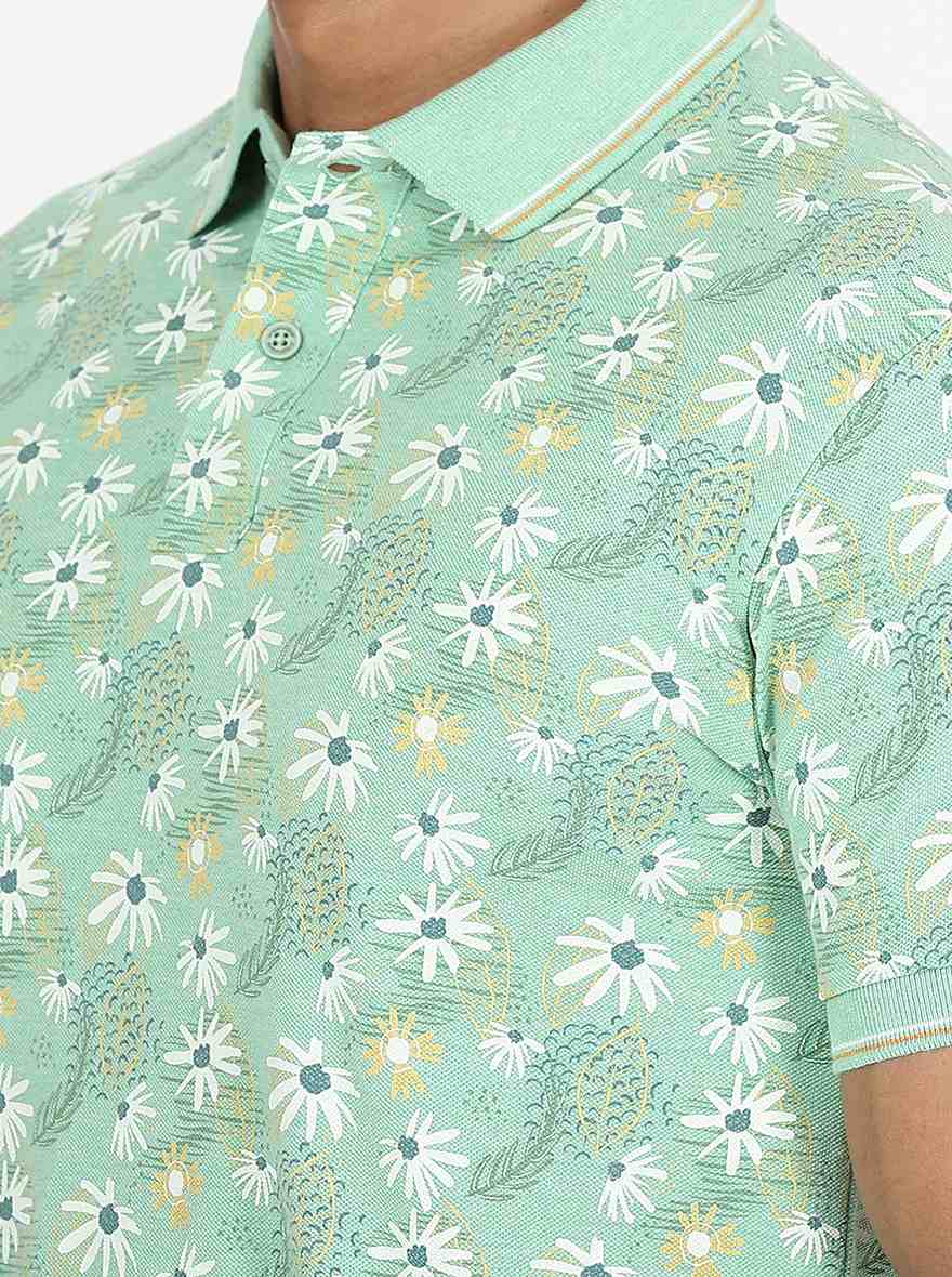 Green Printed Slim Fit Polo T-Shirt | Greenfibre