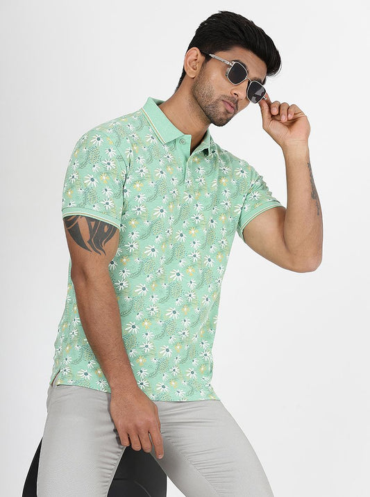 Green Printed Slim Fit Polo T-Shirt | Greenfibre