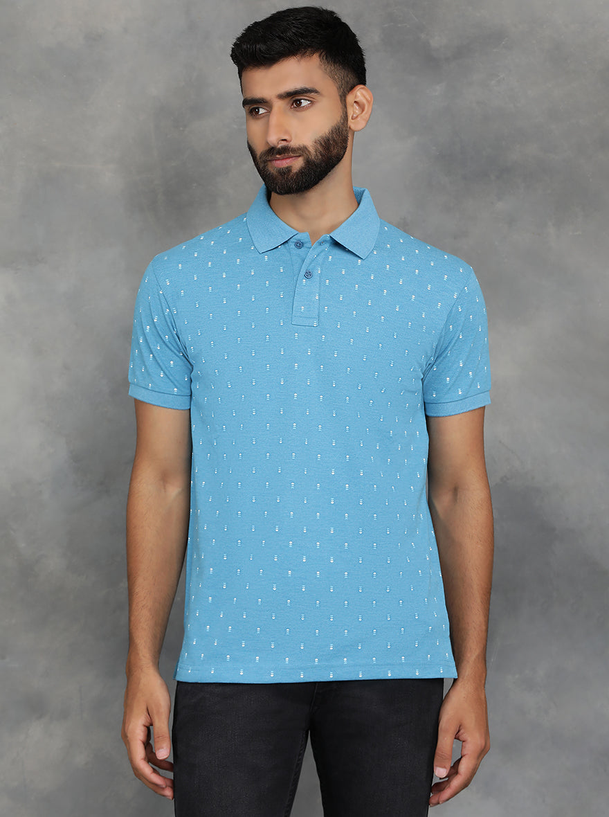 Light Blue Printed Slim Fit Polo T-Shirt | GreenFibre