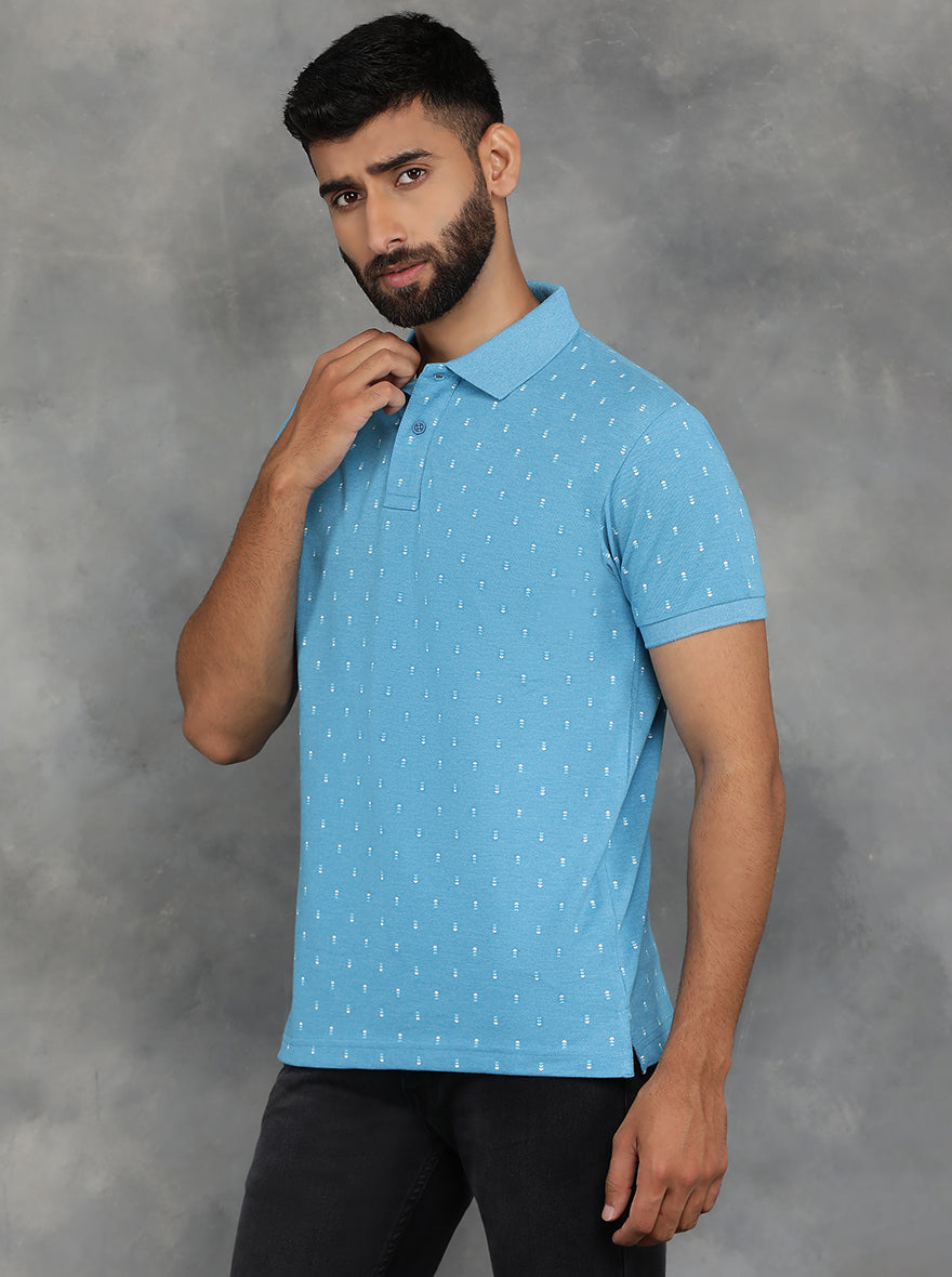 Light Blue Printed Slim Fit Polo T-Shirt | GreenFibre