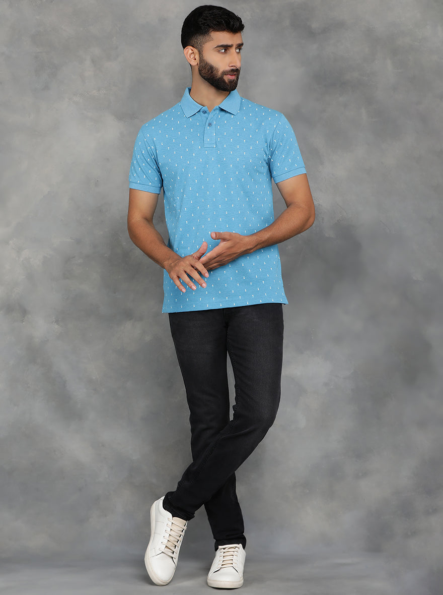 Light Blue Printed Slim Fit Polo T-Shirt | GreenFibre