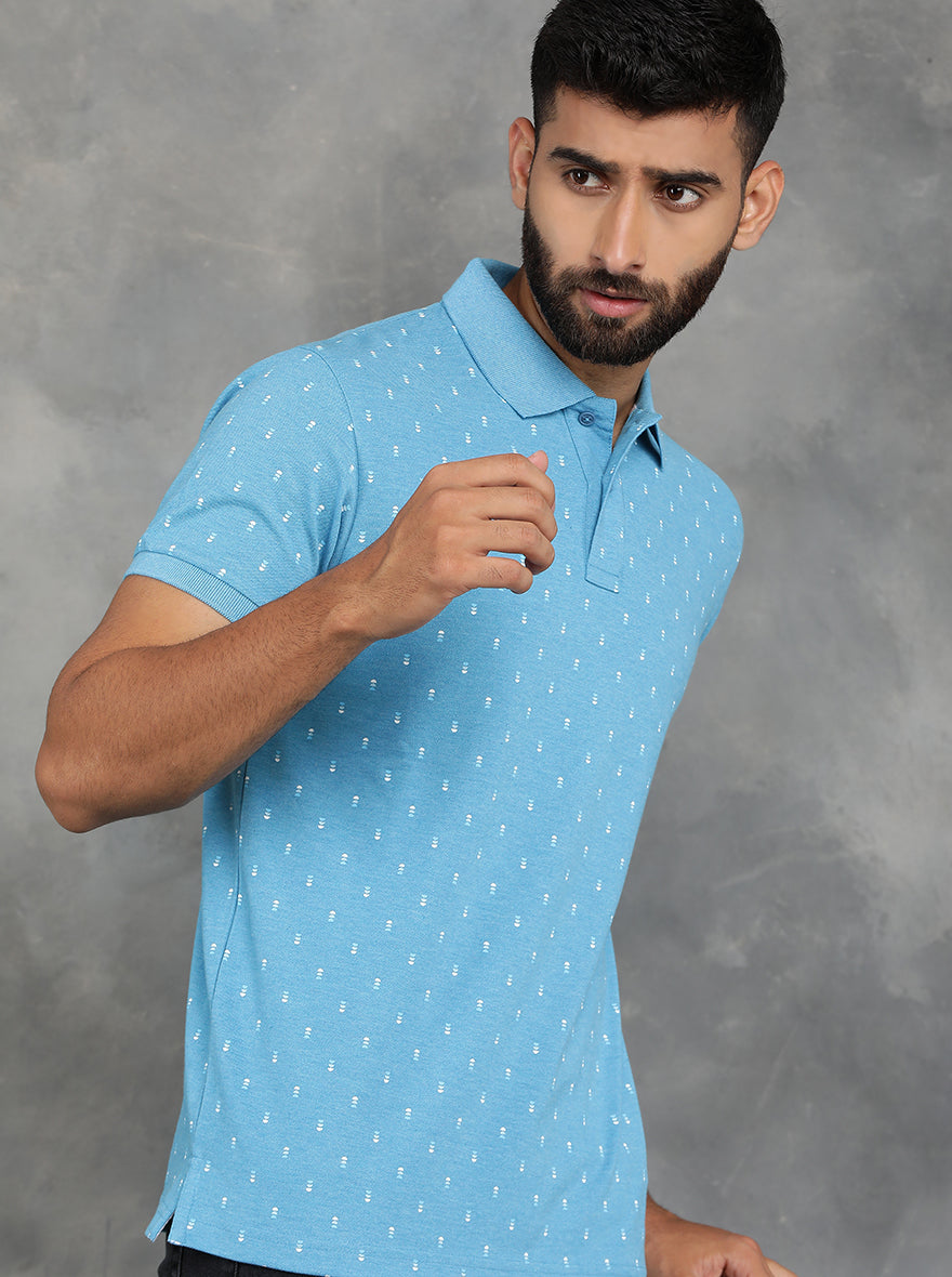 Light Blue Printed Slim Fit Polo T-Shirt | GreenFibre