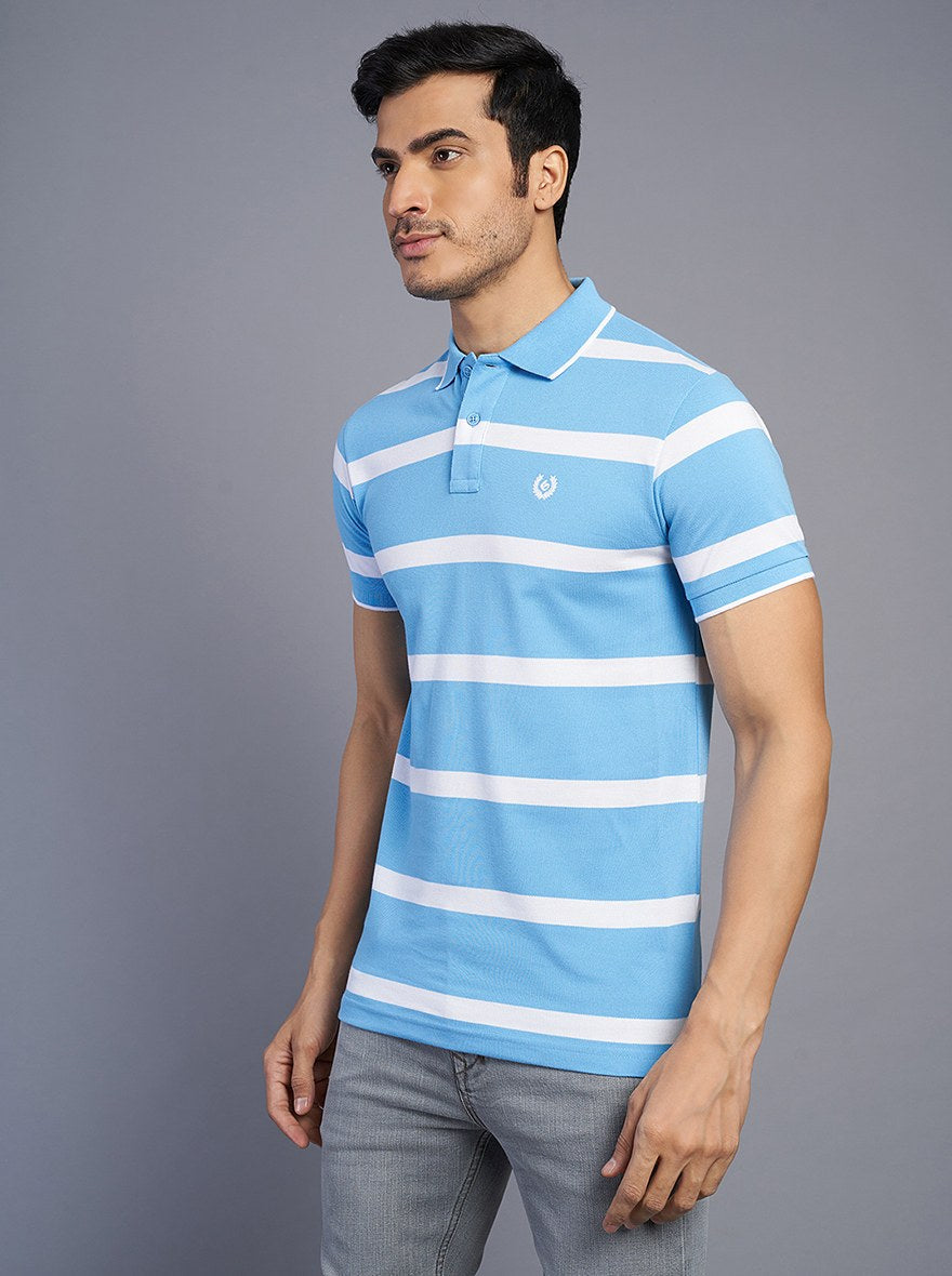 Blue Striped Slim Fit Polo T-Shirt | Greenfibre