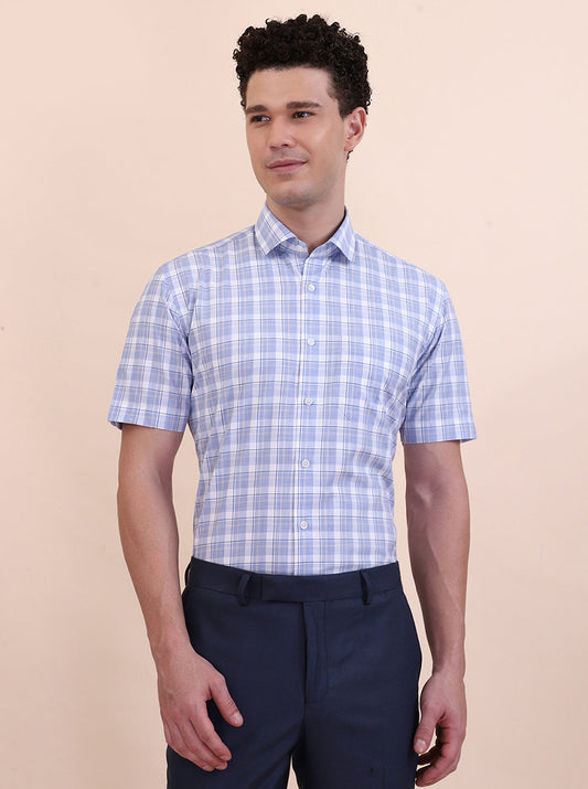 Blue & White Checked Regular Fit Formal Shirt | Greenfibre