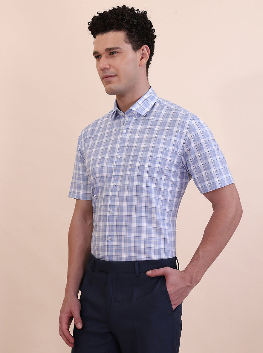 Blue & White Checked Regular Fit Formal Shirt | Greenfibre