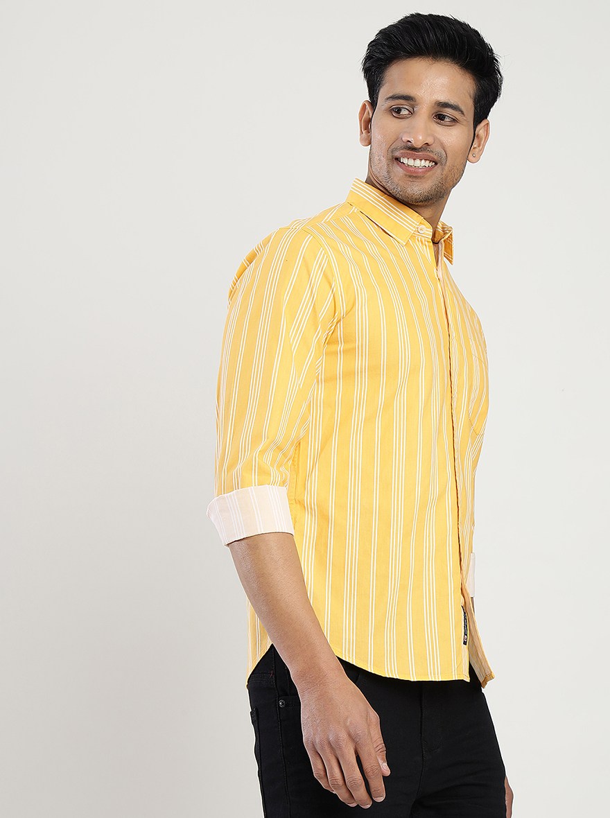 Yellow Striped Slim Fit Casual Shirt | Greenfibre