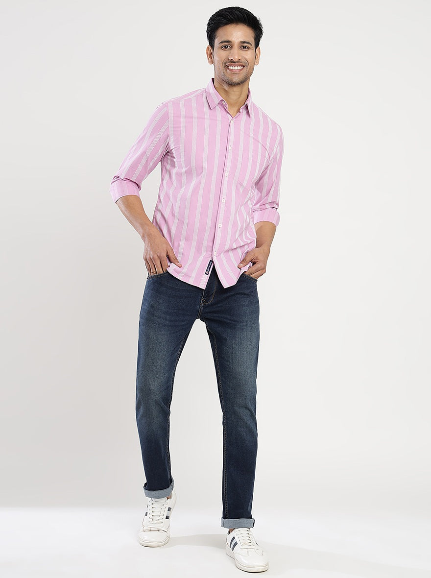 Pink Striped Slim Fit Casual Shirt | Greenfibre