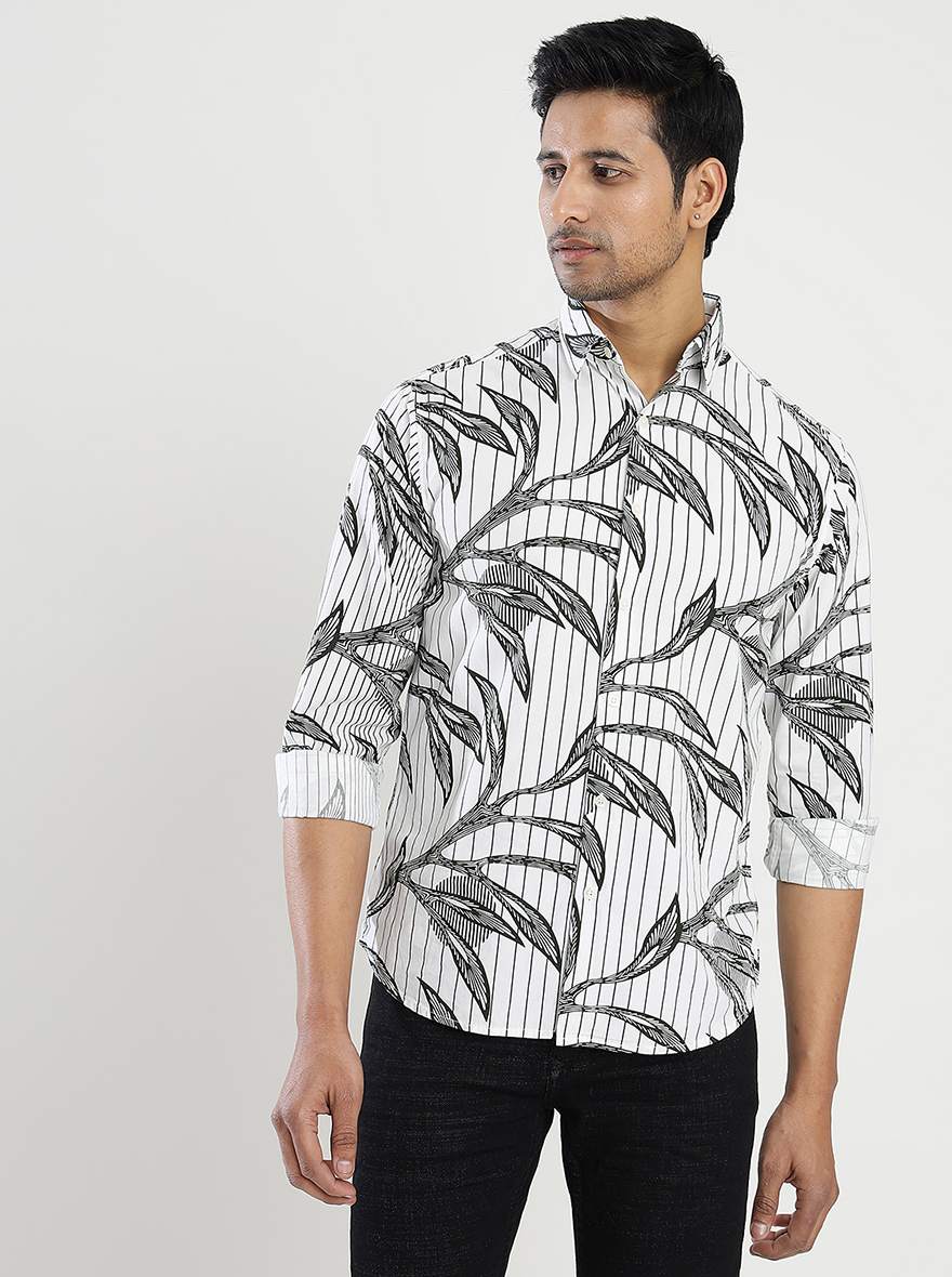 White Printed Slim Fit Casual Shirt | Greenfibre
