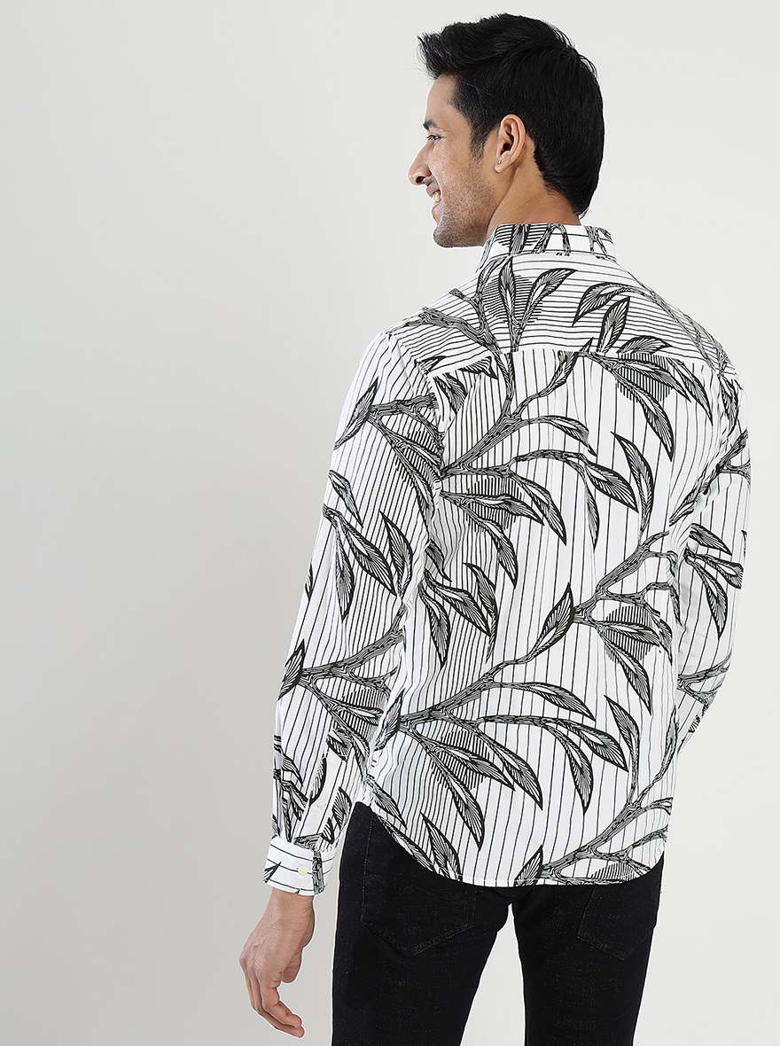White Printed Slim Fit Casual Shirt | Greenfibre