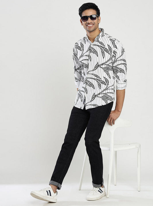 White Printed Slim Fit Casual Shirt | Greenfibre