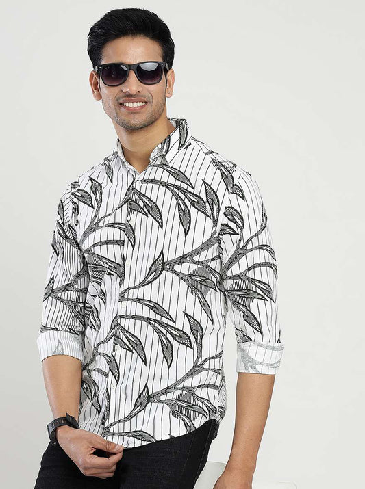 White Printed Slim Fit Casual Shirt | Greenfibre