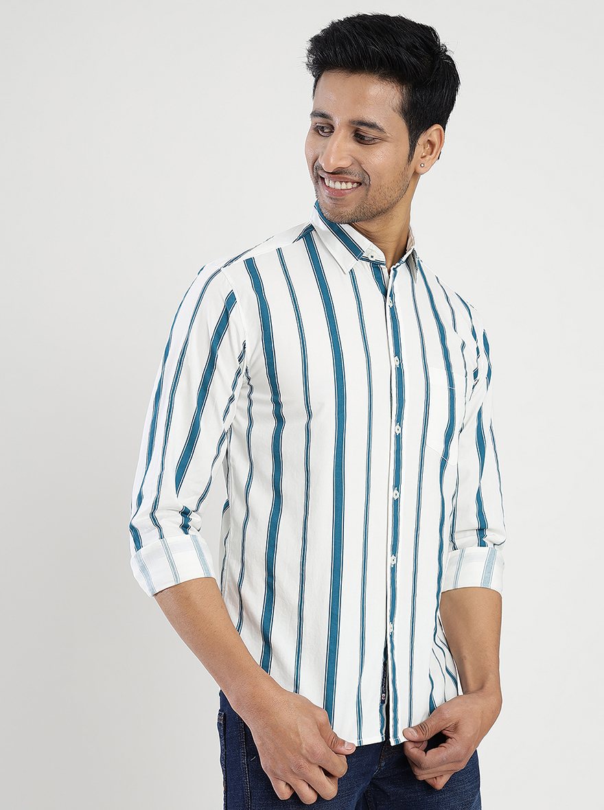 White Striped Slim Fit Casual Shirt | Greenfibre