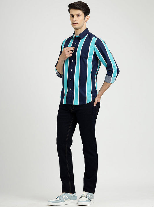 Blue Striped Slim Fit Casual Shirt | Greenfibre