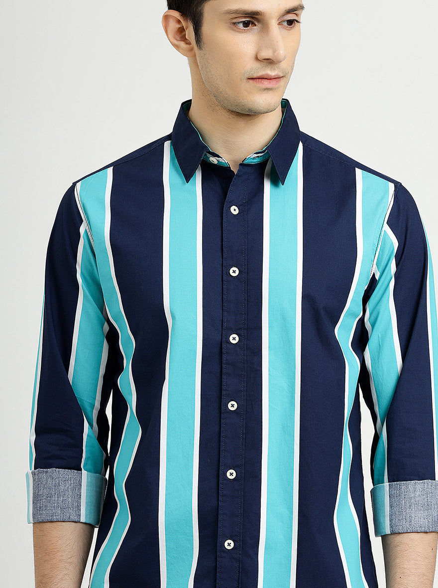 Blue Striped Slim Fit Casual Shirt | Greenfibre