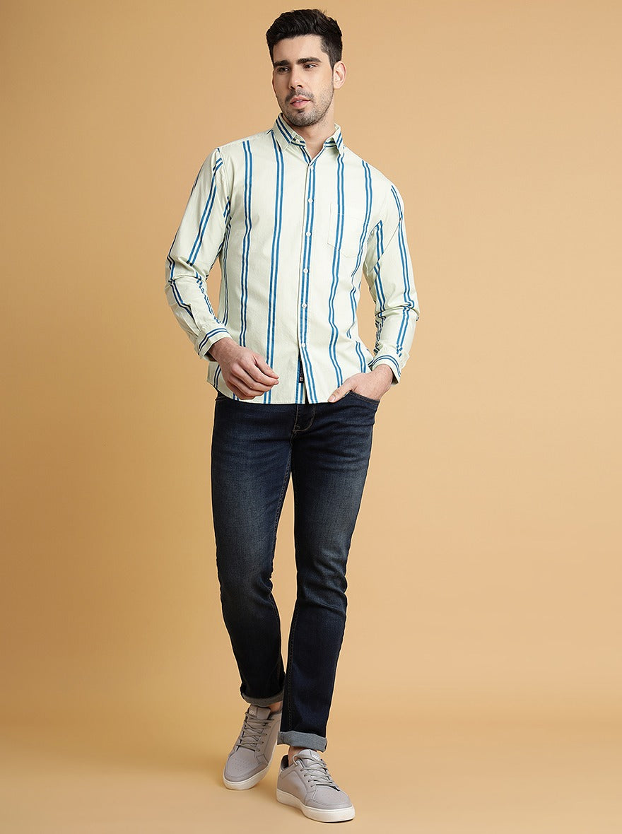 Mint Green Striped Slim Fit Casual Shirt | Greenfibre