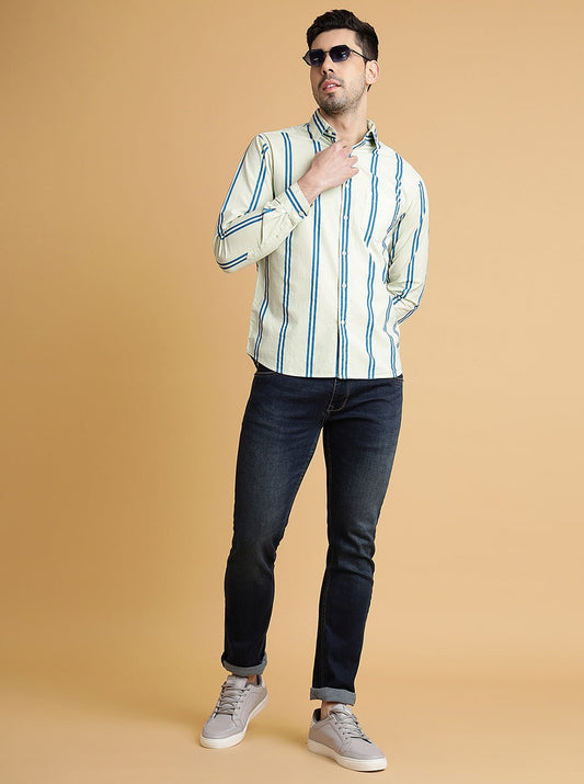 Mint Green Striped Slim Fit Casual Shirt | Greenfibre