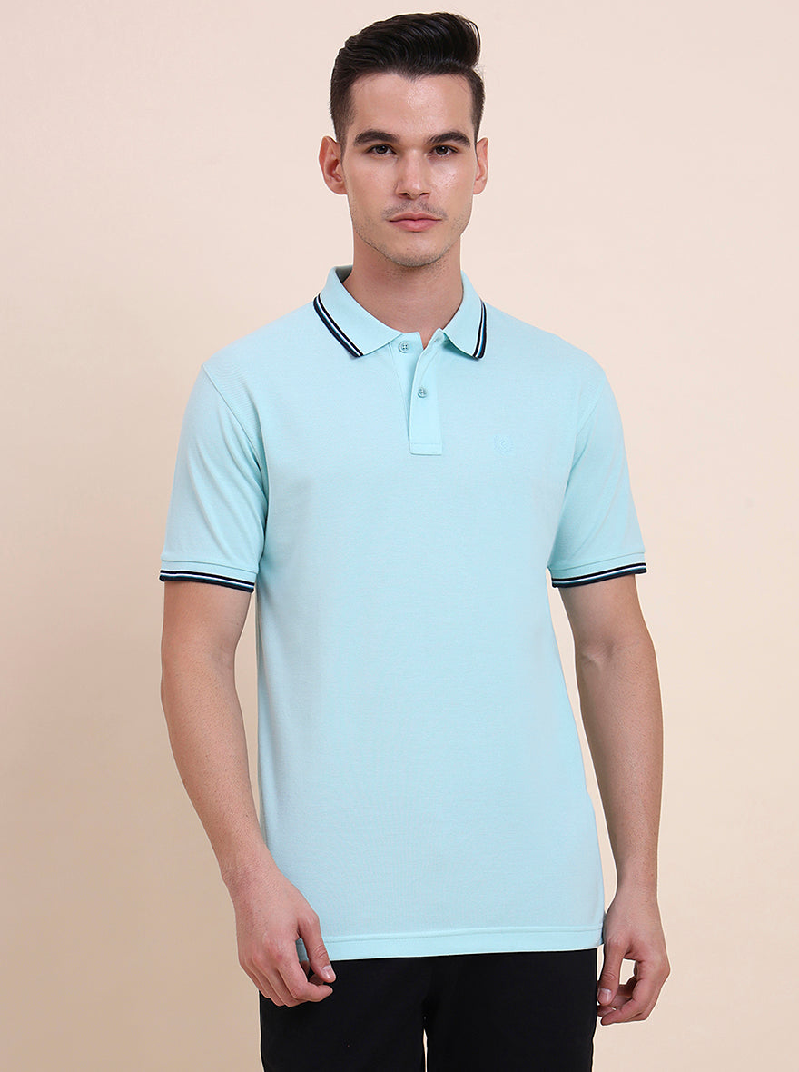 Aruba Blue Solid Slim Fit Polo T-Shirt | Greenfibre