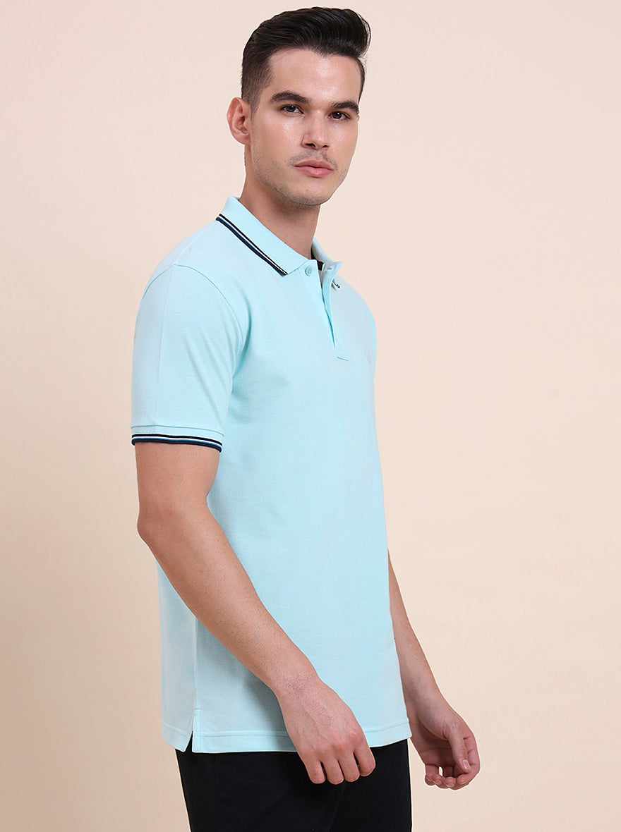 Aruba Blue Solid Slim Fit Polo T-Shirt | Greenfibre