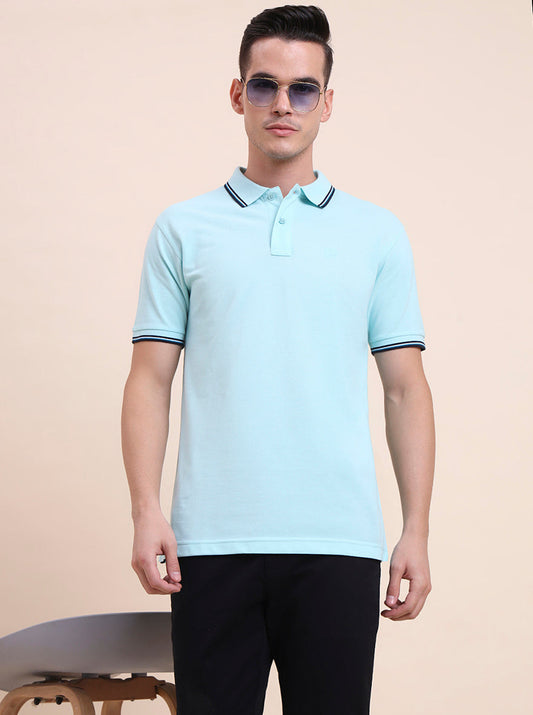 Aruba Blue Solid Slim Fit Polo T-Shirt | Greenfibre