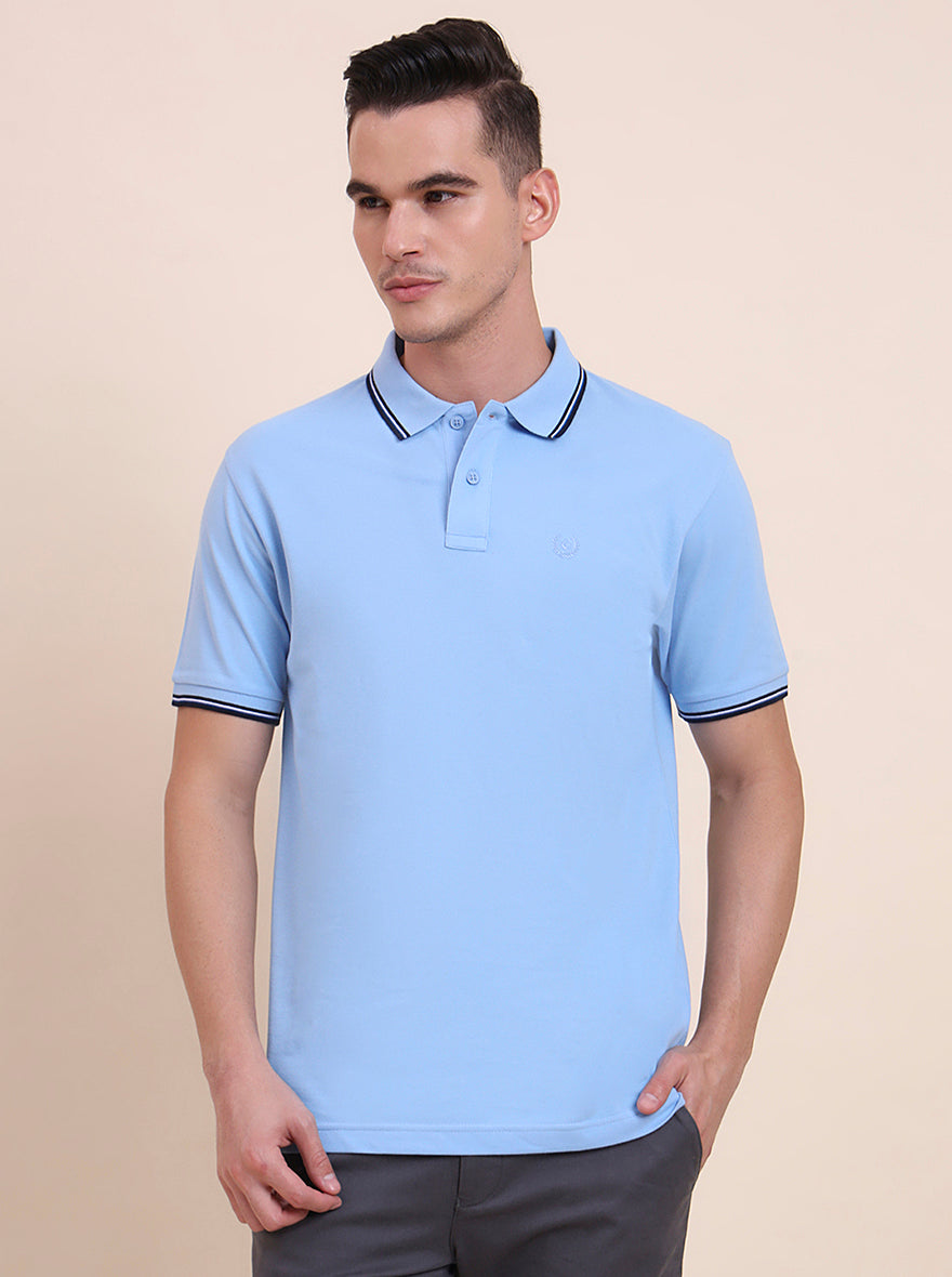 Sky Blue Solid Slim Fit Polo T-Shirt | Greenfibre