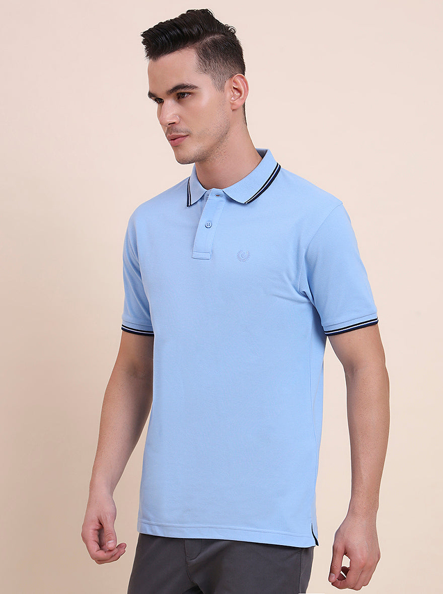 Sky Blue Solid Slim Fit Polo T-Shirt | Greenfibre