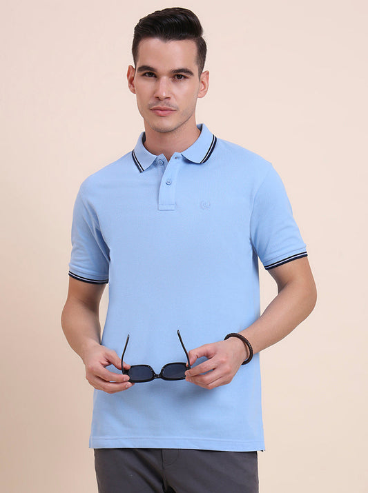 Sky Blue Solid Slim Fit Polo T-Shirt | Greenfibre