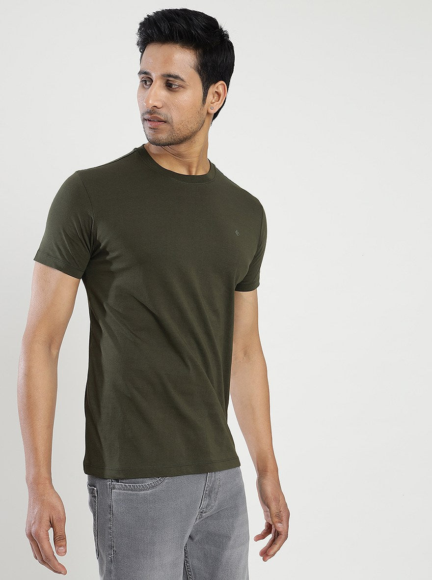Olive Green Solid Slim Fit T-Shirt | Greenfibre