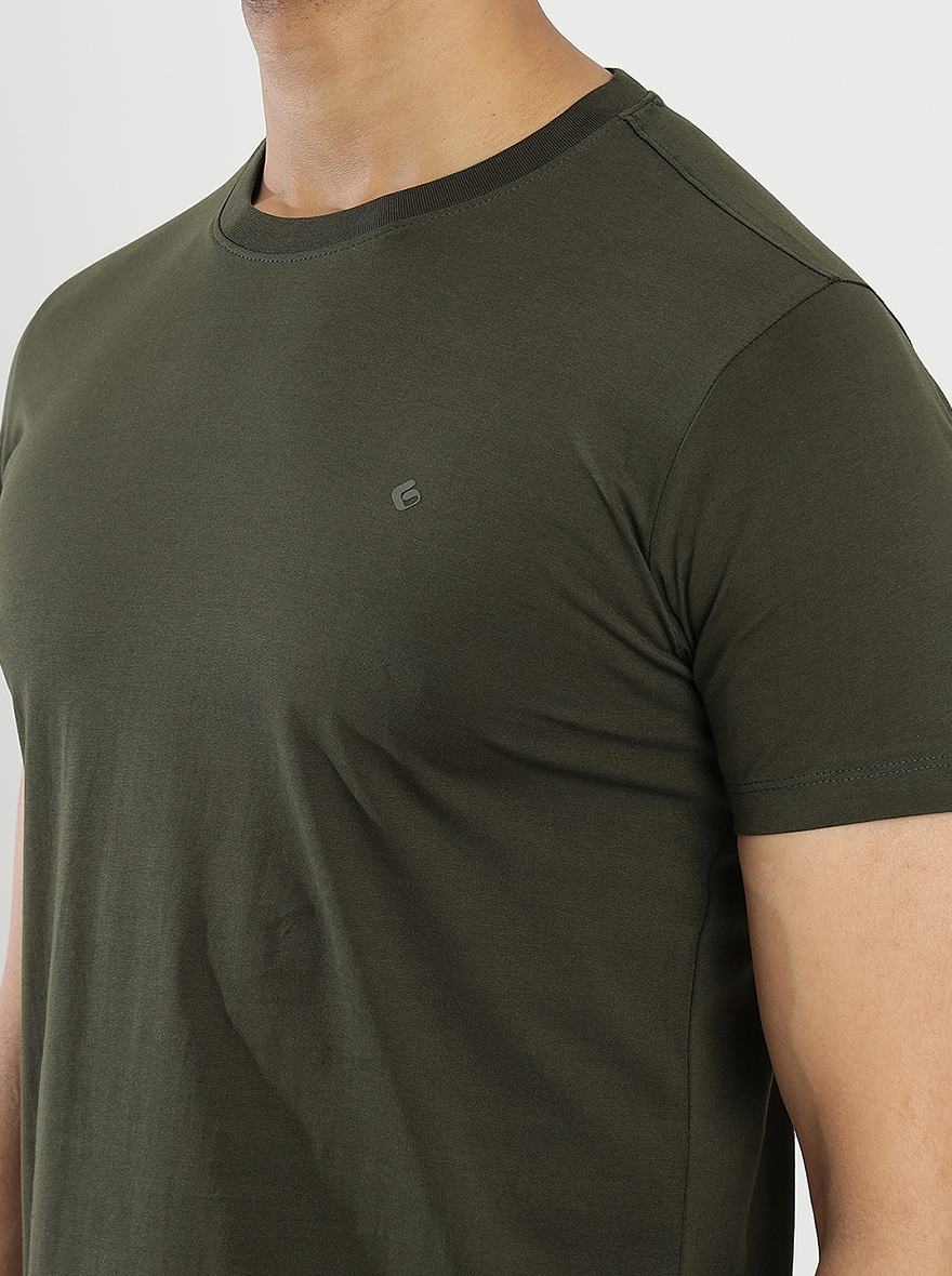 Olive Green Solid Slim Fit T-Shirt | Greenfibre