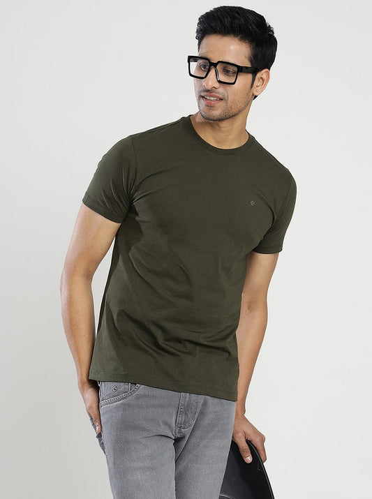 Olive Green Solid Slim Fit T-Shirt | Greenfibre
