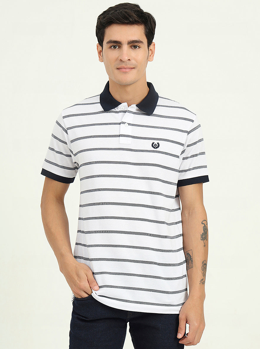 White & Navy Blue Striped Slim Fit Polo T-Shirt | Greenfibre