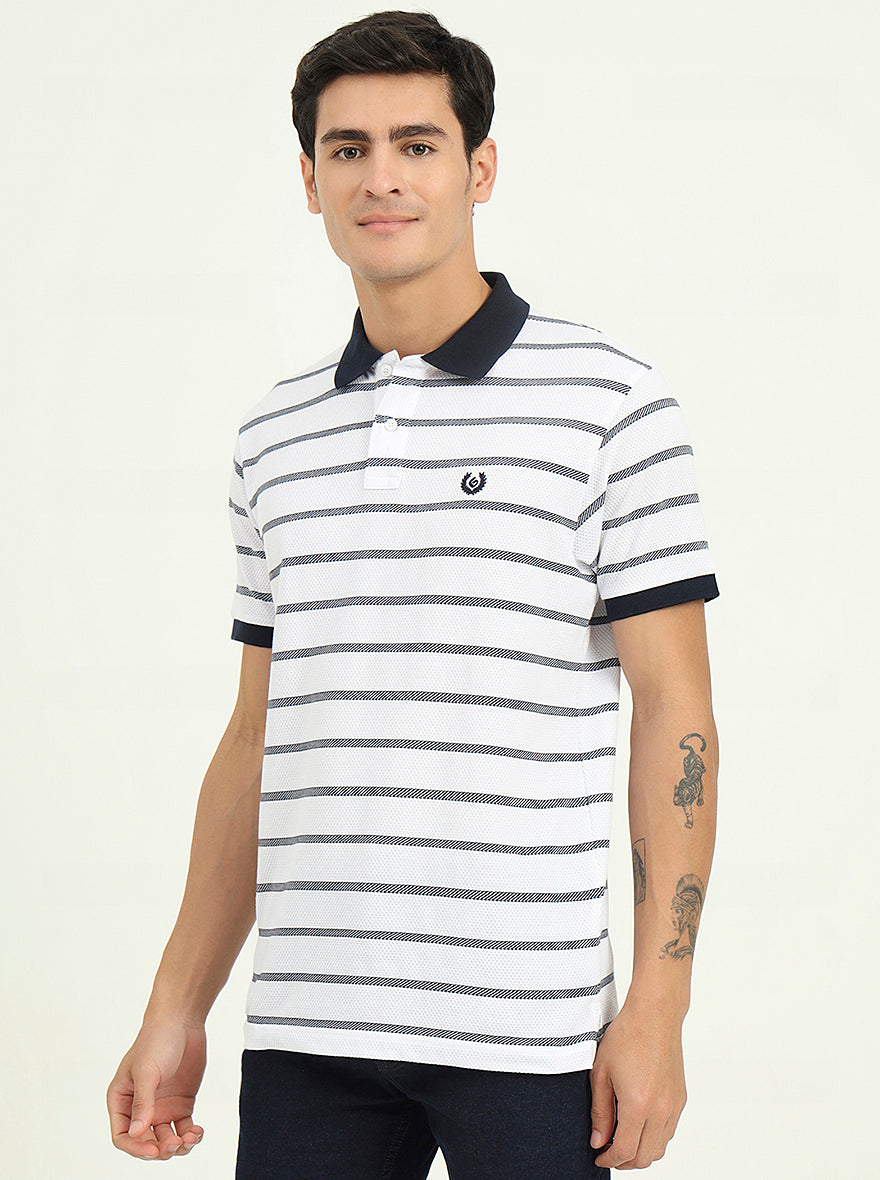 White & Navy Blue Striped Slim Fit Polo T-Shirt | Greenfibre