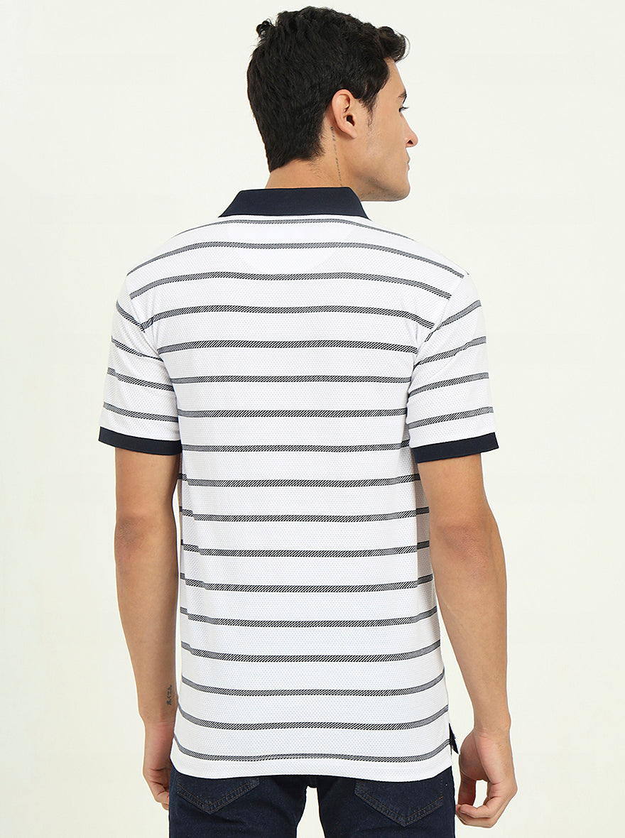 White & Navy Blue Striped Slim Fit Polo T-Shirt | Greenfibre