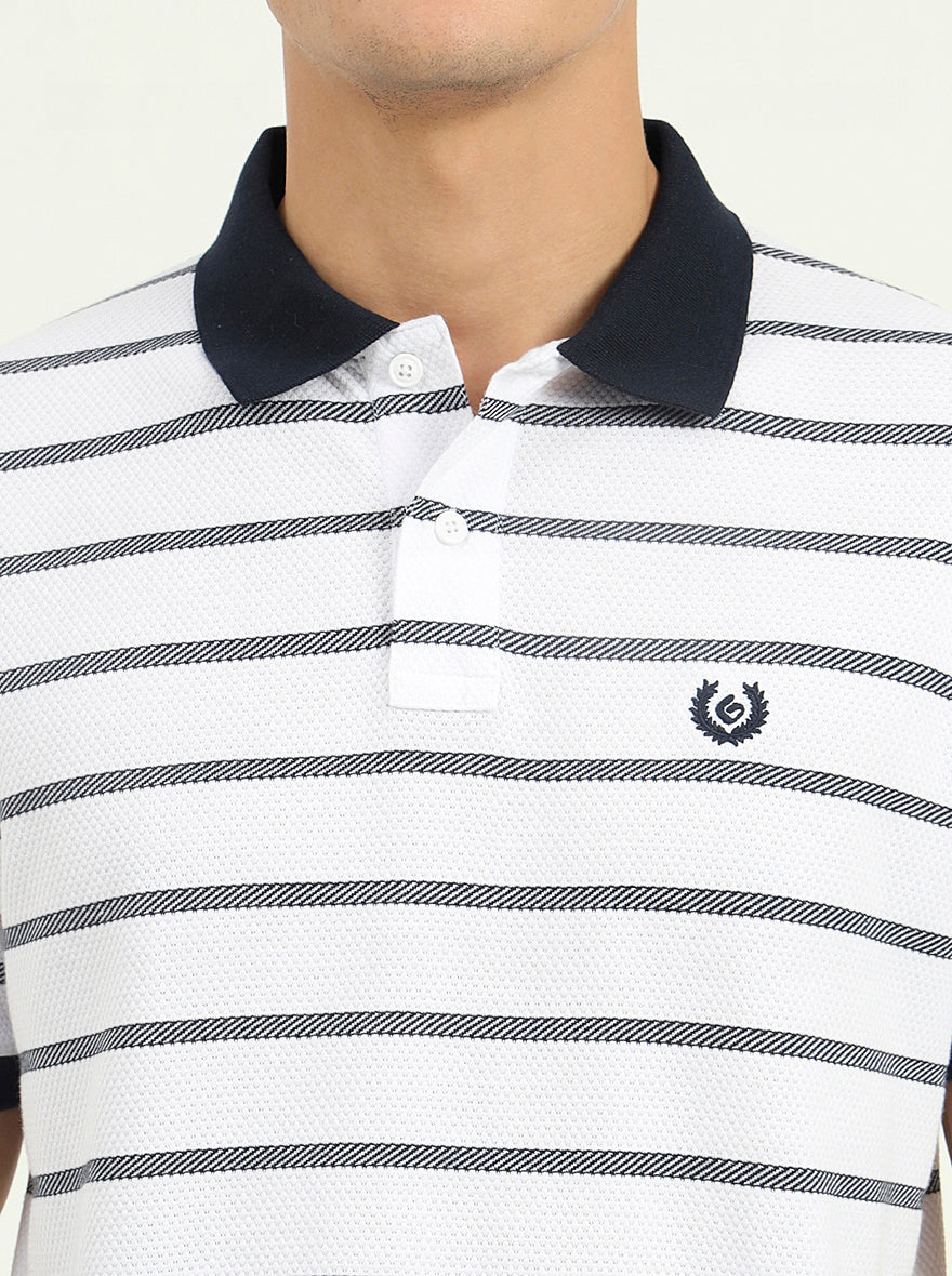 White & Navy Blue Striped Slim Fit Polo T-Shirt | Greenfibre