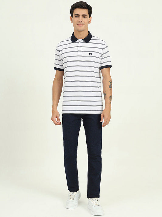White & Navy Blue Striped Slim Fit Polo T-Shirt | Greenfibre