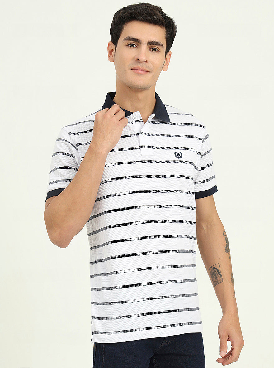 White & Navy Blue Striped Slim Fit Polo T-Shirt | Greenfibre