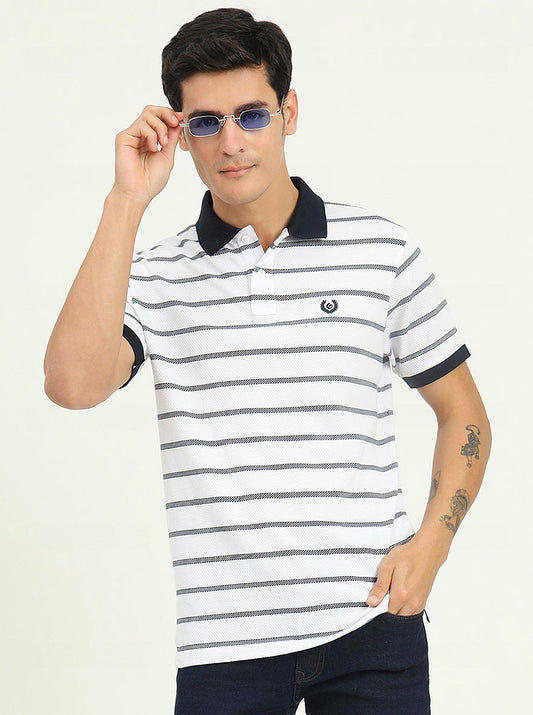 White & Navy Blue Striped Slim Fit Polo T-Shirt | Greenfibre